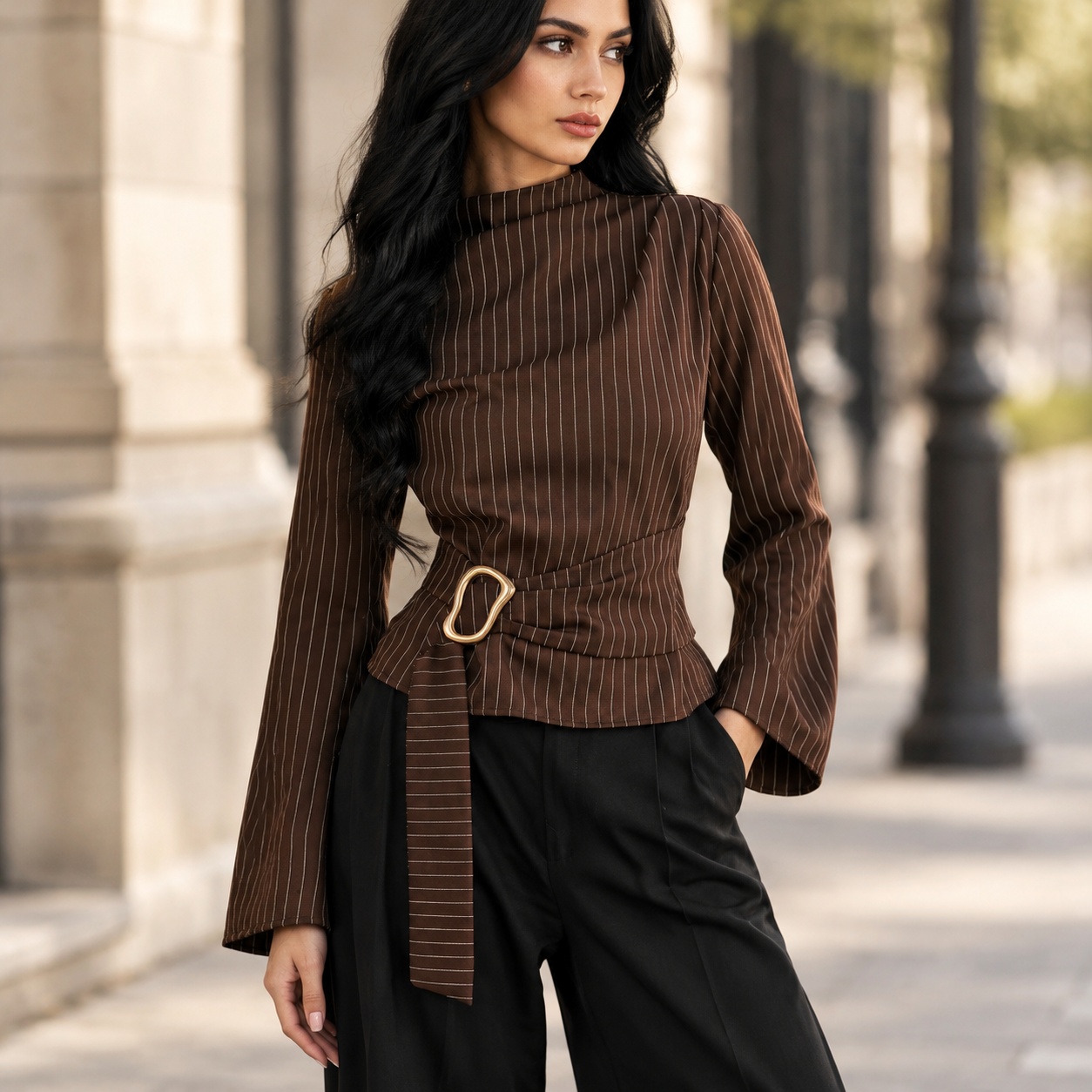 Women Fashion Necktie - بلوزة بأكمام طويلة مخططة بياقة عالية