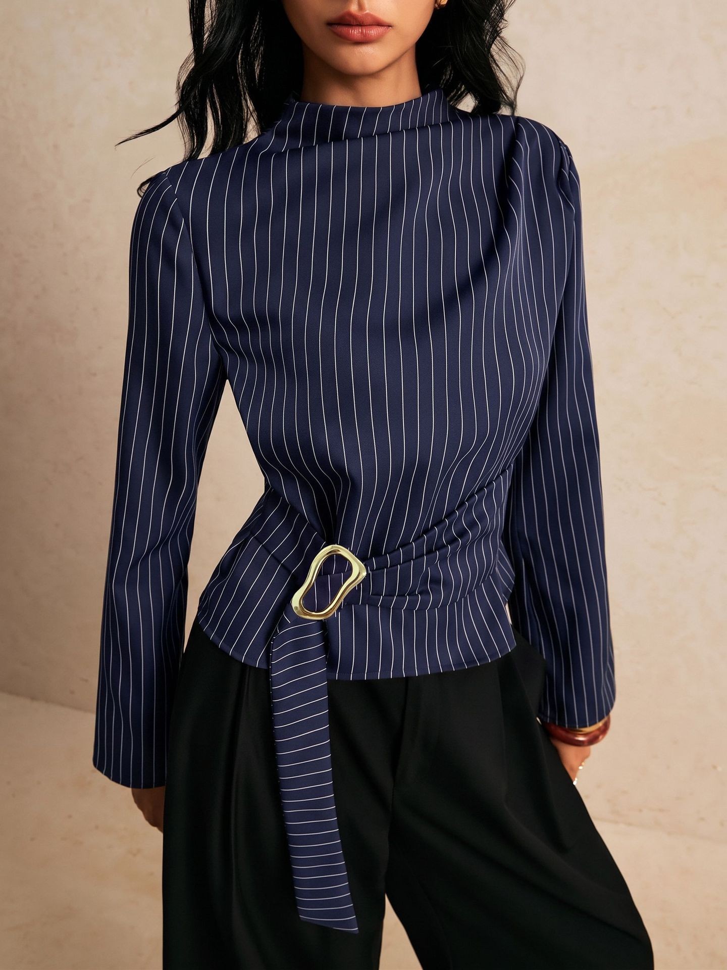 بلوزة بأكمام طويلة مخططة بياقة - مراجعة Women Fashion Necktie وسعره